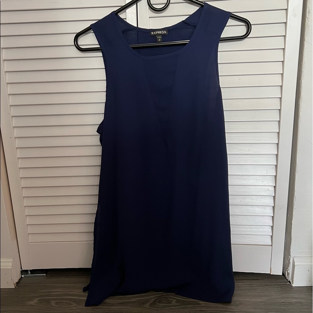 Medium navy blue long sleeveless top with mesh triangle cut out on front
